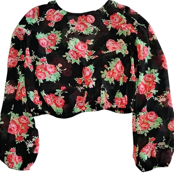 GUESS | ROSESROSESROSES 🌹 Sheer Long Sleeve Cropped Top & Open V Back Medium - Picture 8 of 10